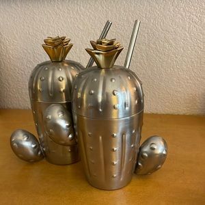 THIRSTYSTONE Stainless Steel/Brass Plated Leaves Cactus Tumbler Straw16oz (2)